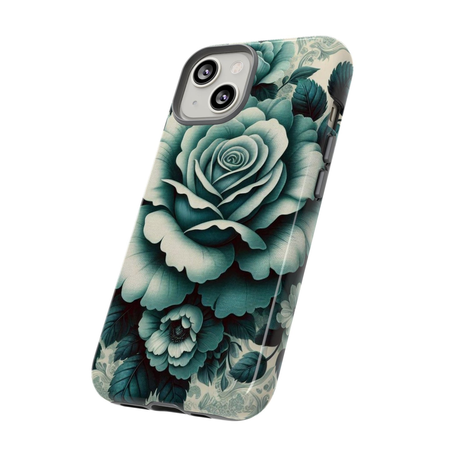 Elegant Floral Motif Phone Case - Tough Cases with Vintage Design - Teal Roses & Damask