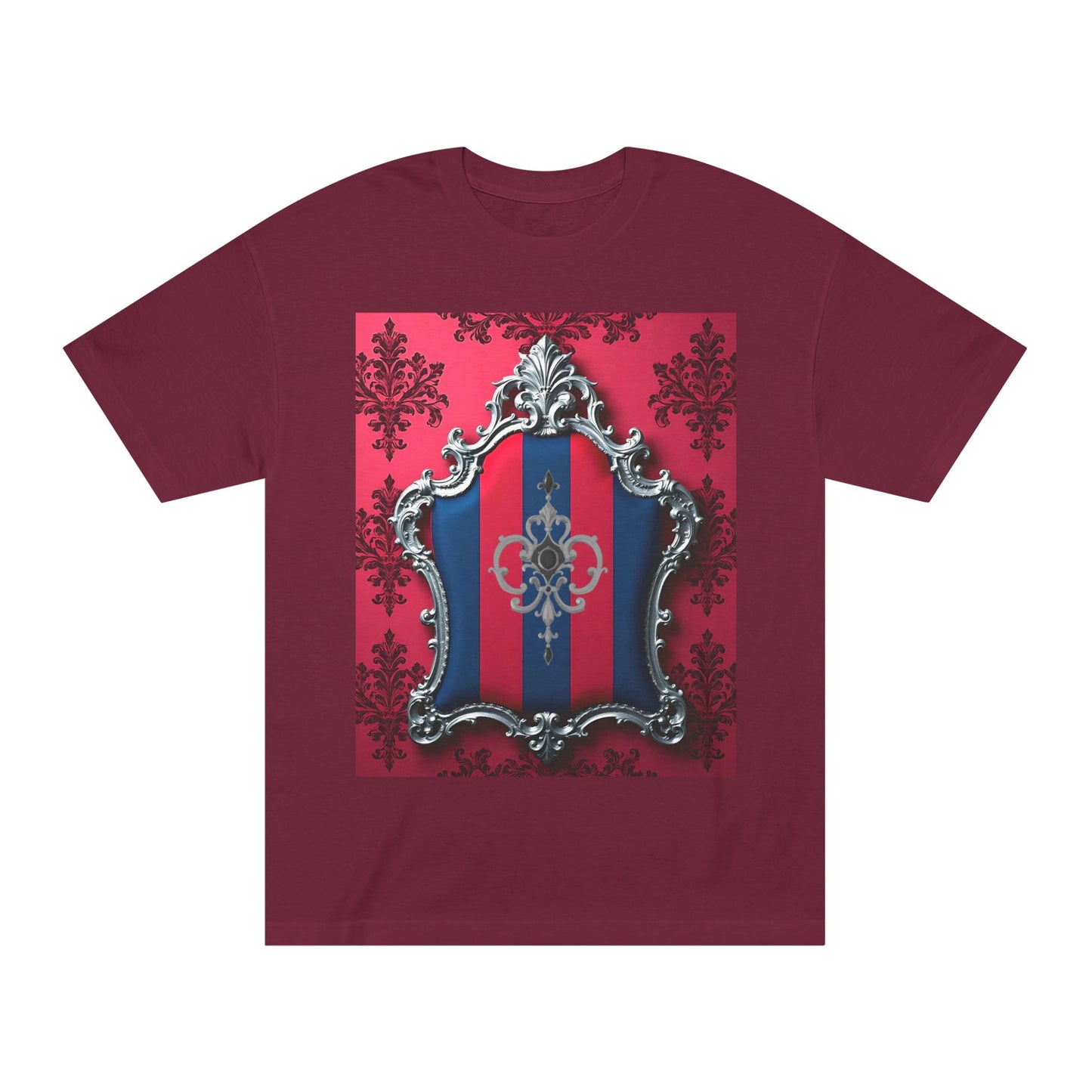 Vintage Couture Shield Unisex Classic Tee, Fashion T-Shirt, Gift for Fashion Lovers, Casual Wear, Unique Graphic Shirt - Blue & Red Striped Silver Crest