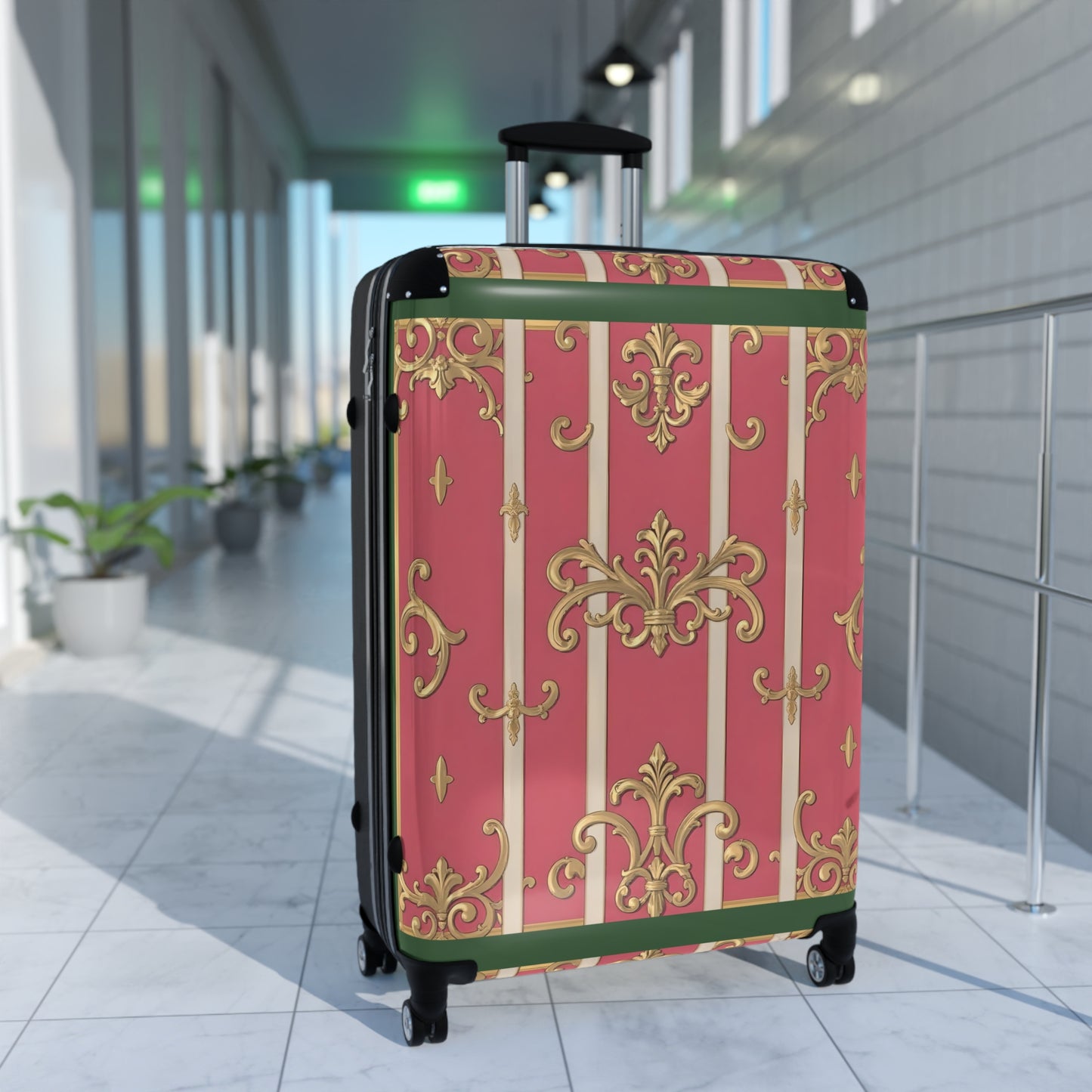 Elegant Green Border Pink Striped Baroque Suitcase for Travelers, Stylish Luggage for Vacations and Getaways, Gift for Adventure Lovers