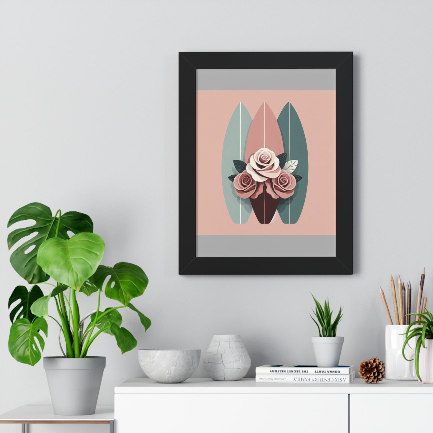 Vertical Poster - Burgundy, Matte Mauve & Teal Surfboard & Roses Wall Art