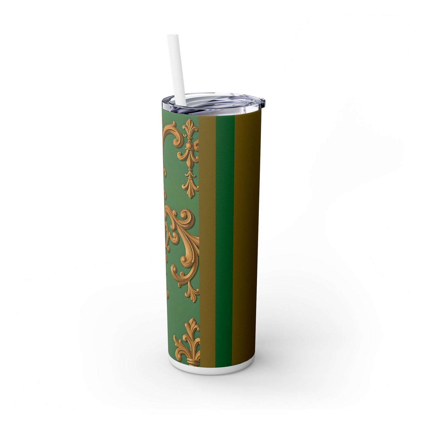 Elegant Green Pattern Skinny Tumbler with Straw, Stylish Drinkware, Gift for Her, Travel Mug, Home Decor, Floral Design - Olive Green Striped Rococo