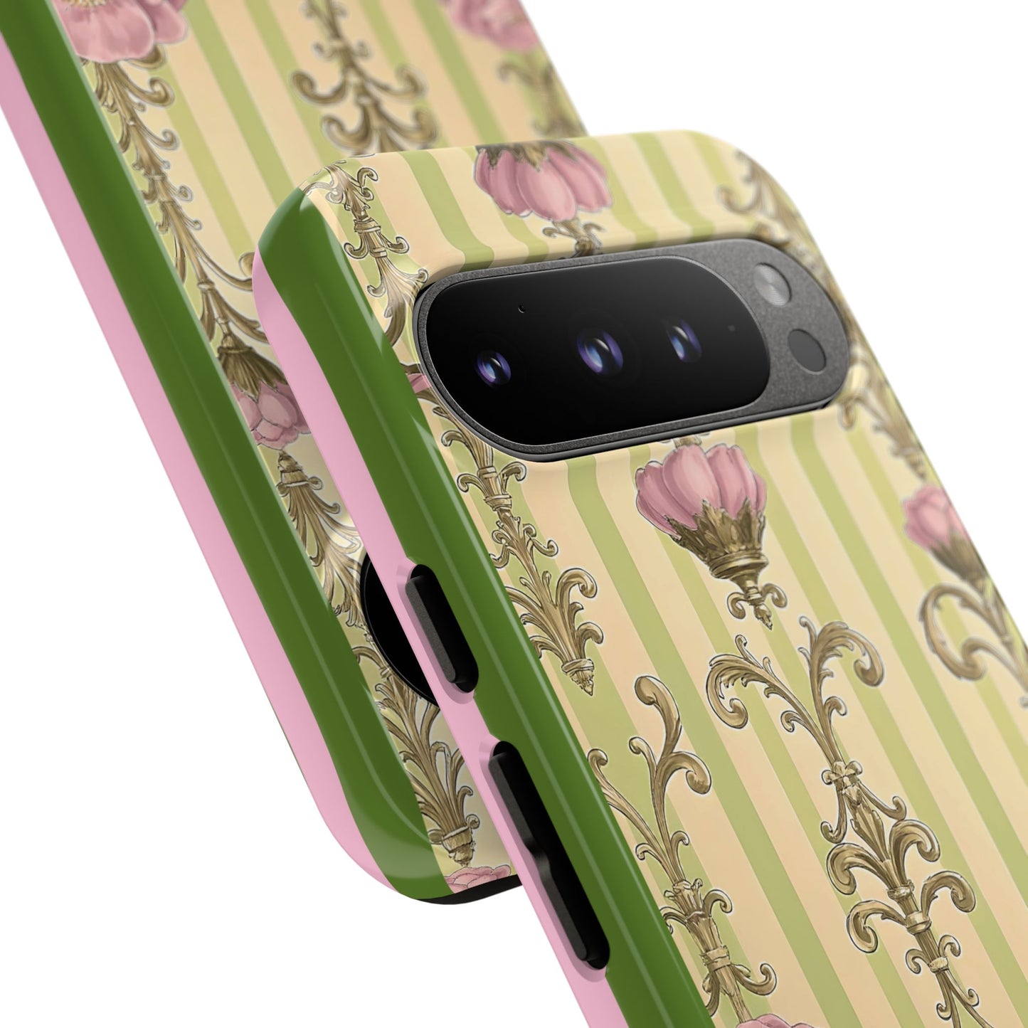 Elegant Floral Motif Phone Case - Tough Cases with Vintage Design - Lime Green & Pink Striped Damask