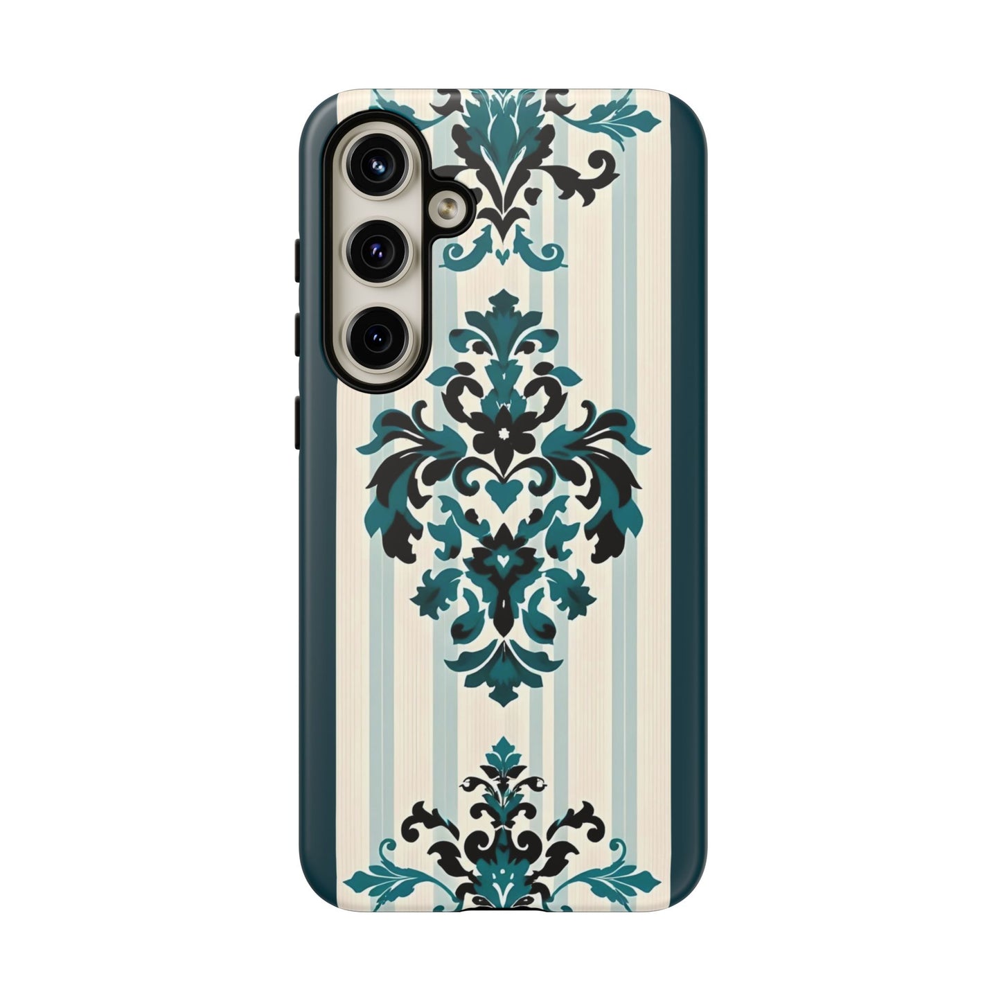 Elegant Floral Phone Case - Tough Cases with Vintage Design - Teal Striped Damask