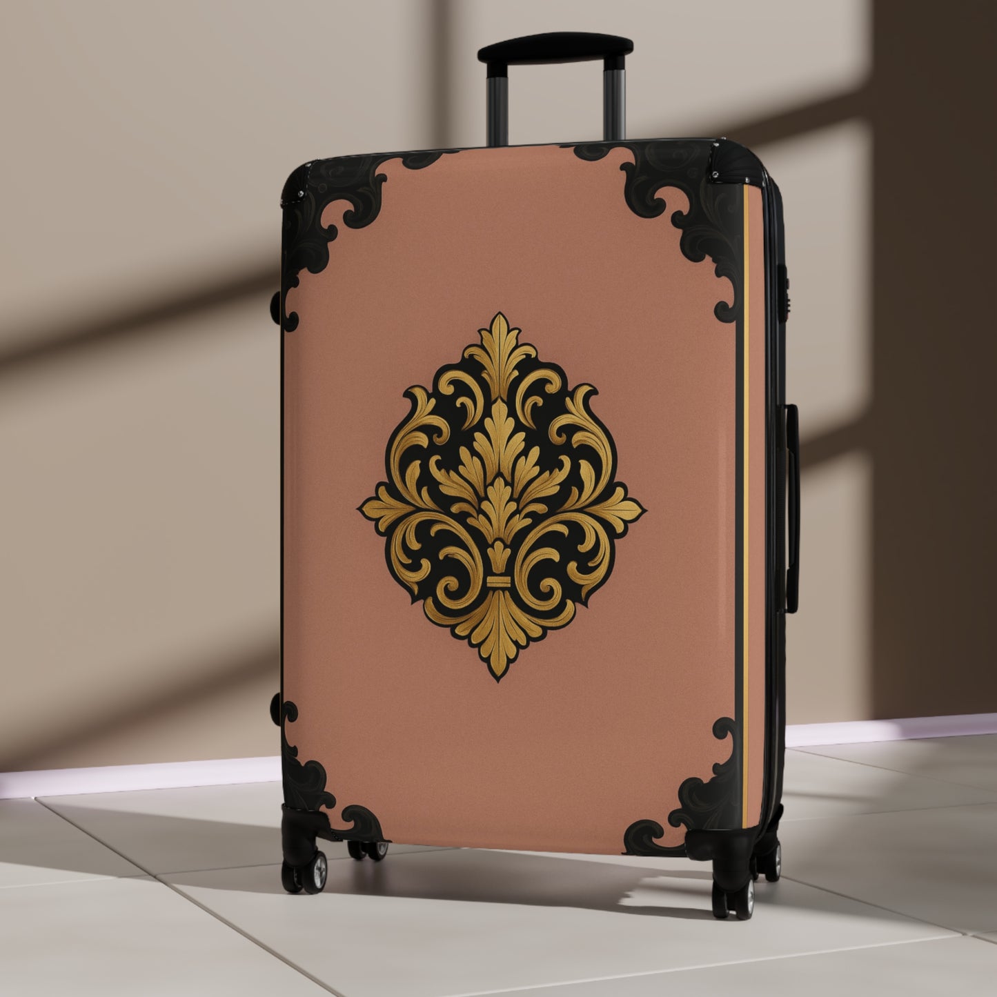 Mauve & Black-Gold Baroque Carry-On Suitcase with Elegant Gold Baroque Design — Vintage Travel Luggage