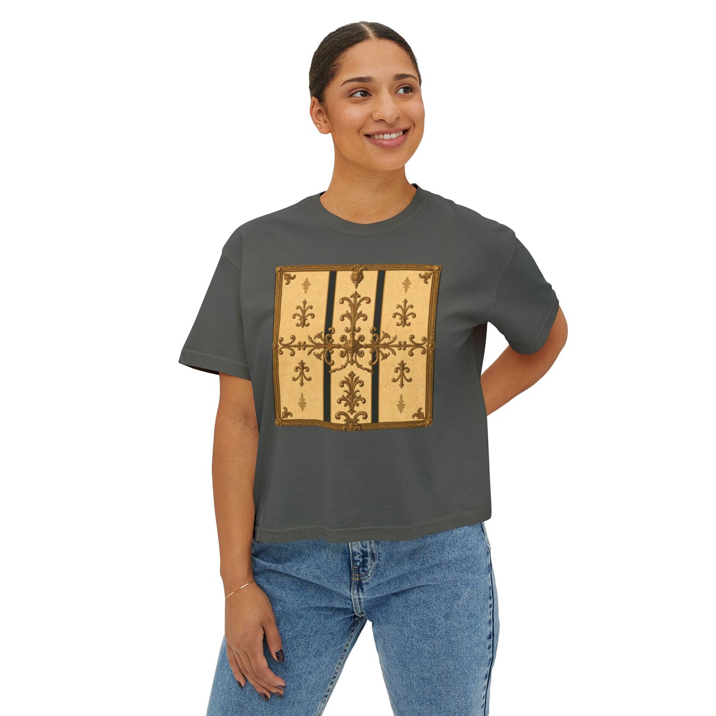 Chic Vintage Women's Boxy Tee, Casual Top, Retro Fashion T-Shirt, Gift for Her, Stylish Graphic Tee - Matte Yellow Striped Antique Rococo