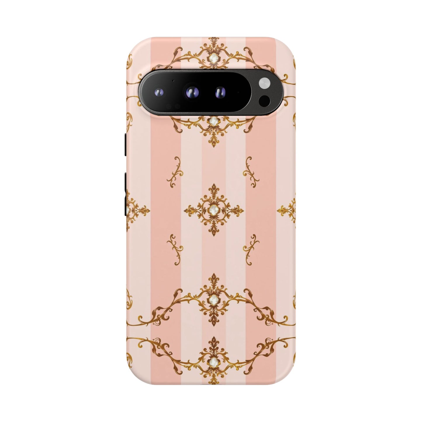 Elegant Floral Phone Case, Tough Cases for Women, Trendy Phone Cover, Chic Gift - Pink Jeweled Striped Gold Baroque