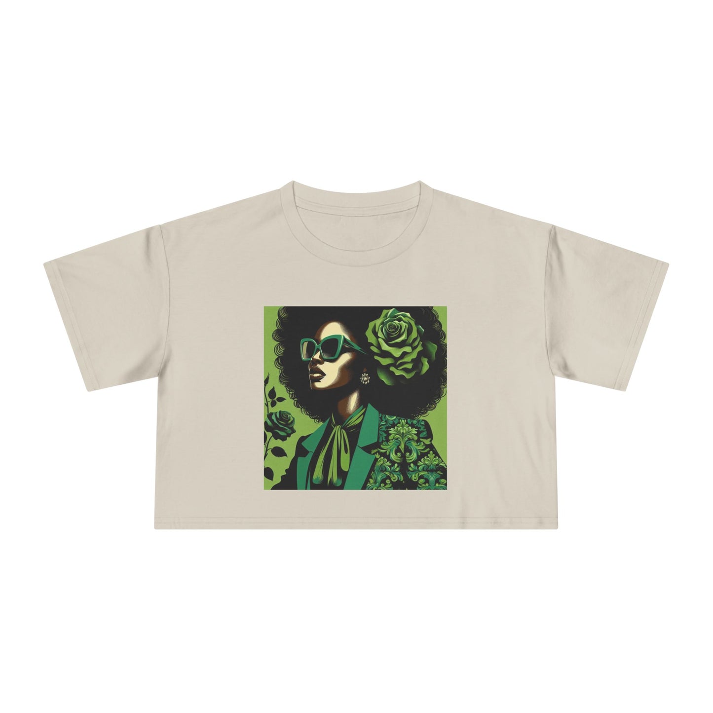 Stylish Women's Crop Tee with Damask Design | Trendy Summer Top, Afro Crop Shirt, Casual Wear, Gift for Her - Lady in Green Damask