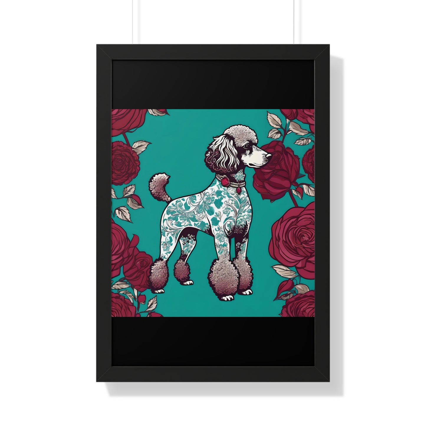 Vertical Poster - Stylish Framed - Art for Home Decor - Damask Aqua & White Poodle With Burgundy Roses