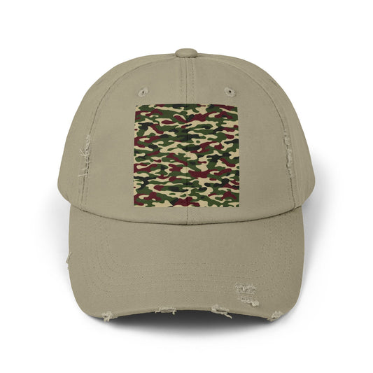 Camo Distressed Cap | Unisex Fashion Hat, Trendy Outdoor Accessory, Gift for Him/Her, Casual Wear, Sports Cap - Army Green & Burgundy Camo