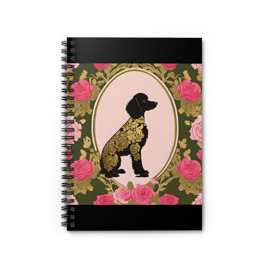 Elegant Vintage Spiral Notebook - Ruled Line with Damask Black & Gold Poodle in Olive & Pink Roses