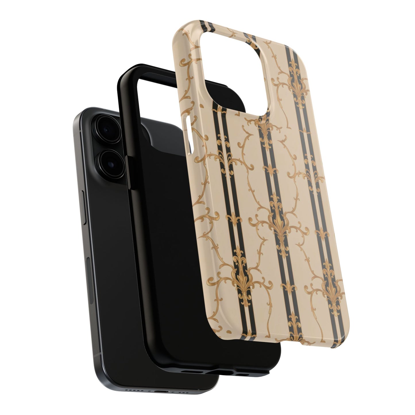 Elegantly Tough Phone Cases | Stylish Phone Covers, Durable Cases, Fashionable Accessories - Black & Beige Striped Damask