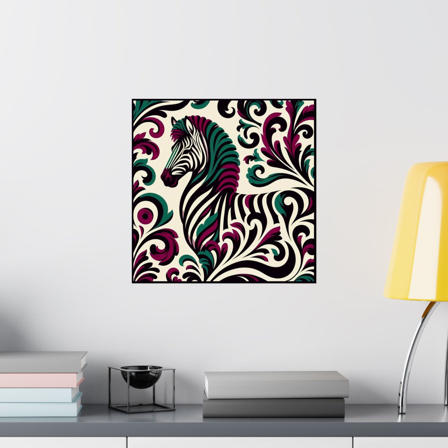 Floral Art Poster - Elegant Matte Vertical Wall Decor - Burgundy & Green Zebra Damask Design