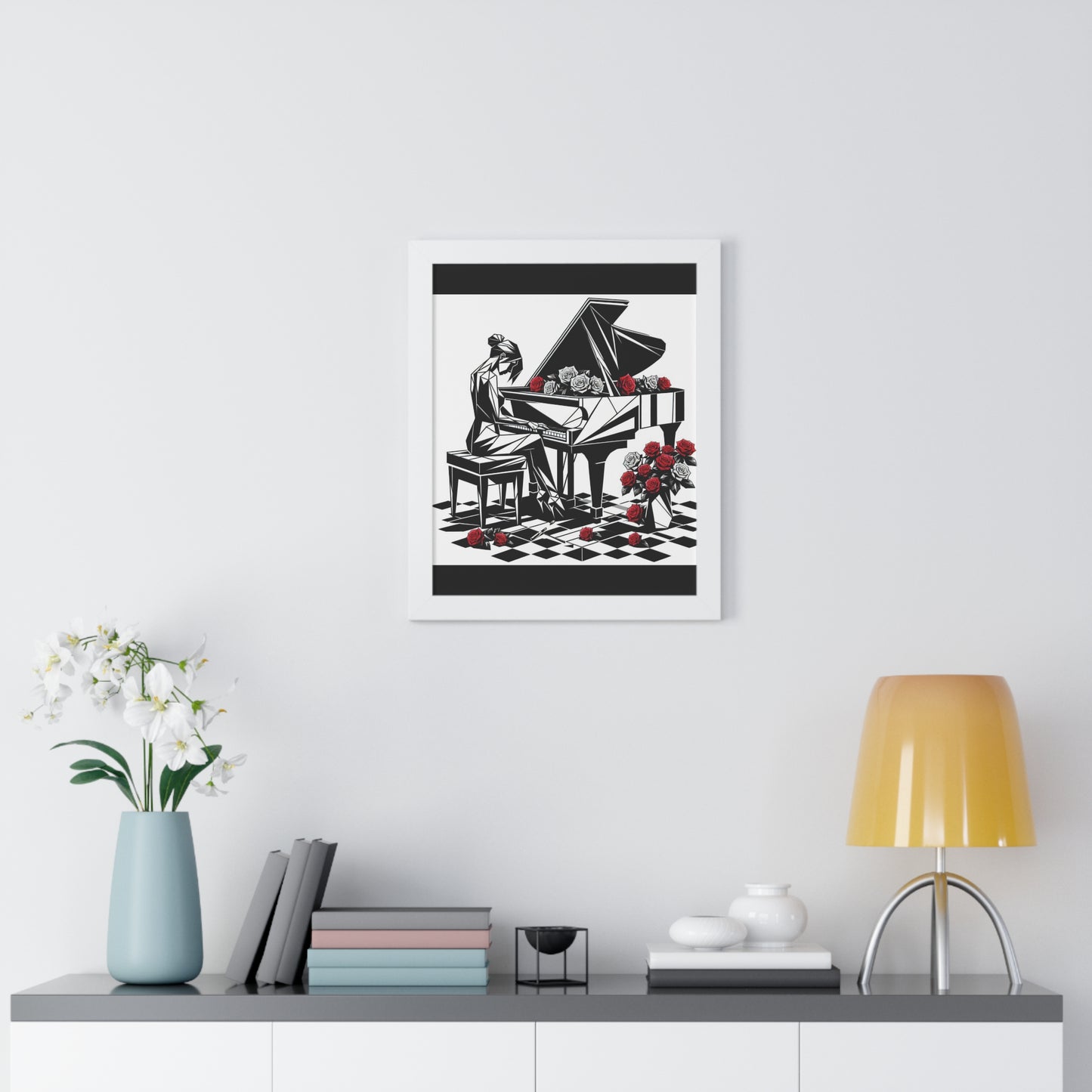 Vertical Poster - Black & White Grand Piano & Red Roses Wall Art