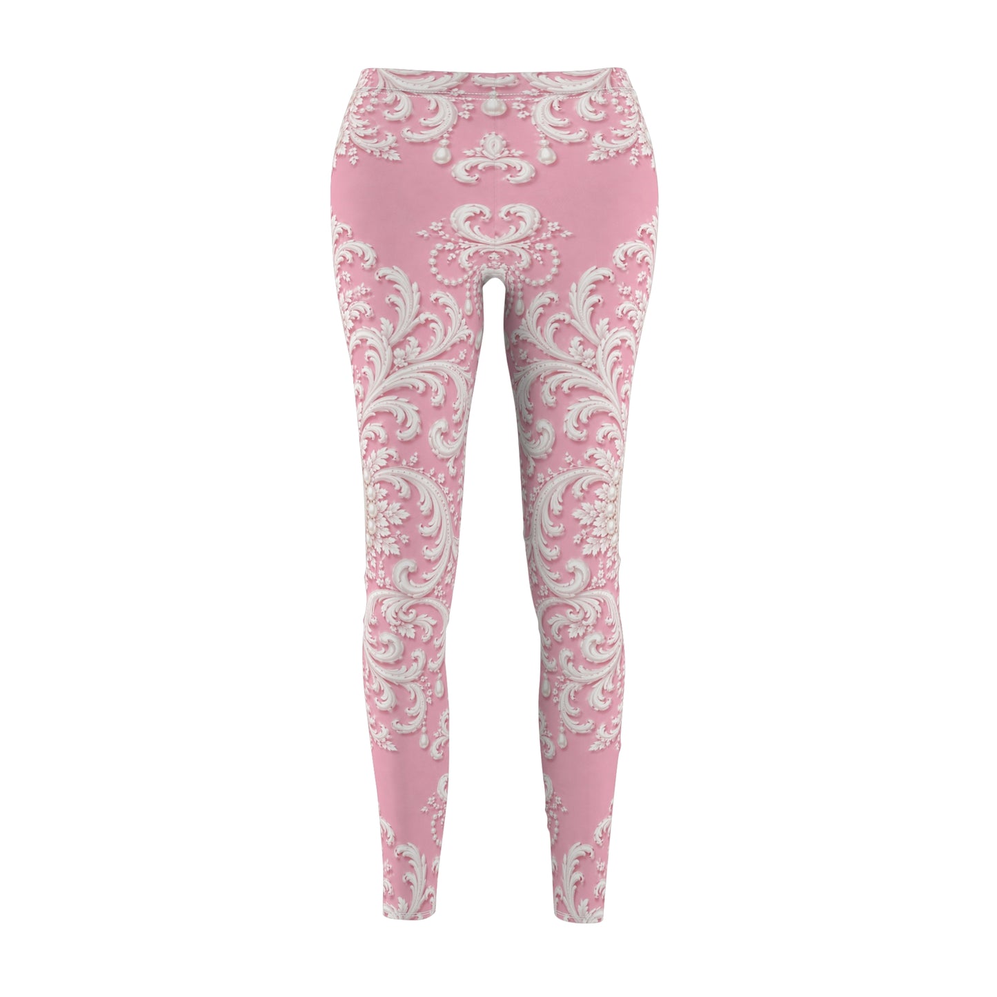 Pink Rococo Print Leggings — Elegant Floral Scroll All-Over Print