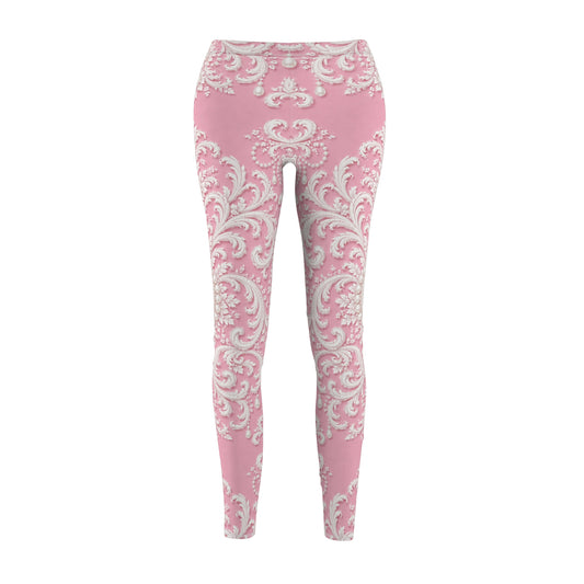 Pink Rococo Print Leggings — Elegant Floral Scroll All-Over Print