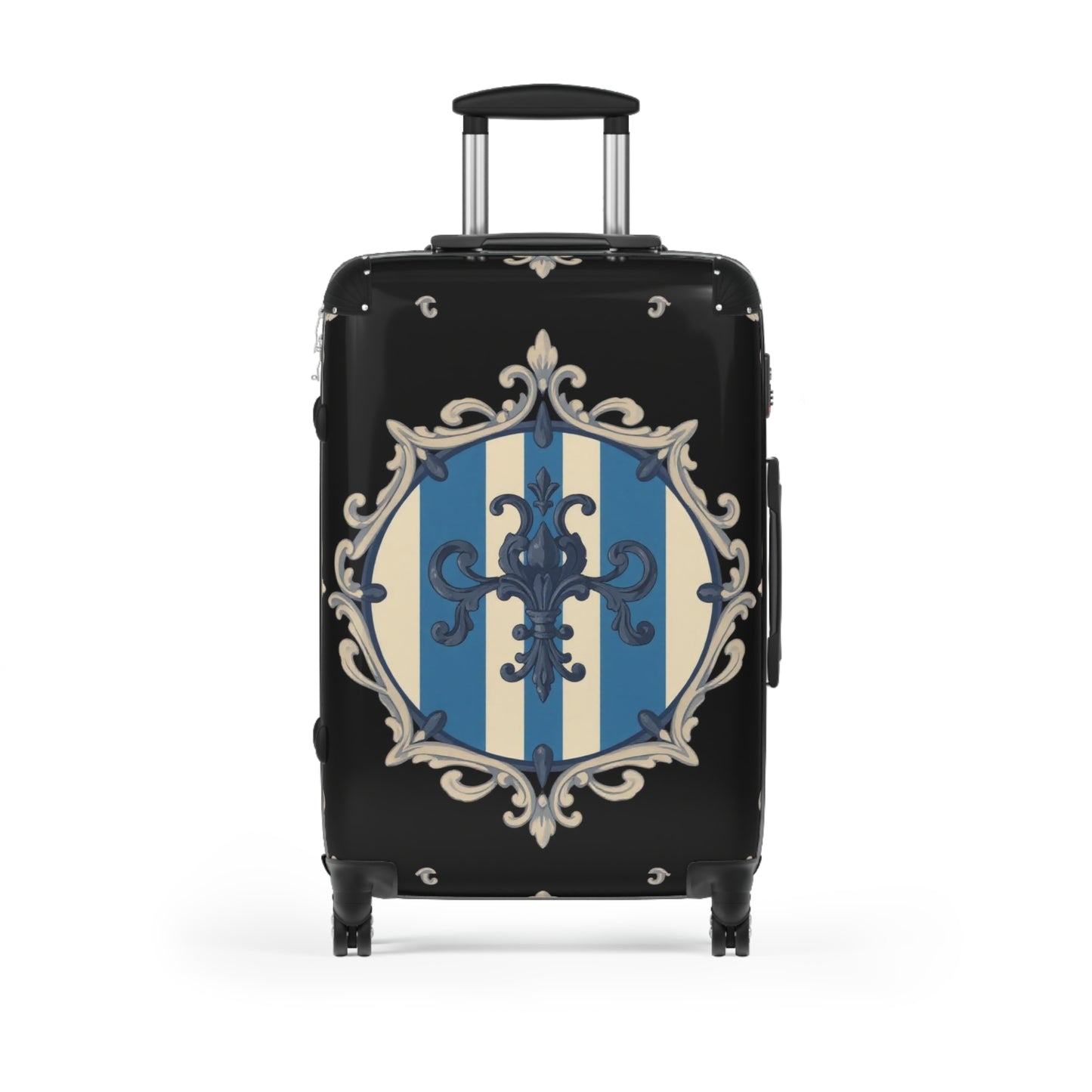 Elegant Blue & Alabaster Striped Baroque Travel Suitcase, Stylish Luggage, Personalized Travel Bag, Chic Weekender Bag, Vacation Essentials