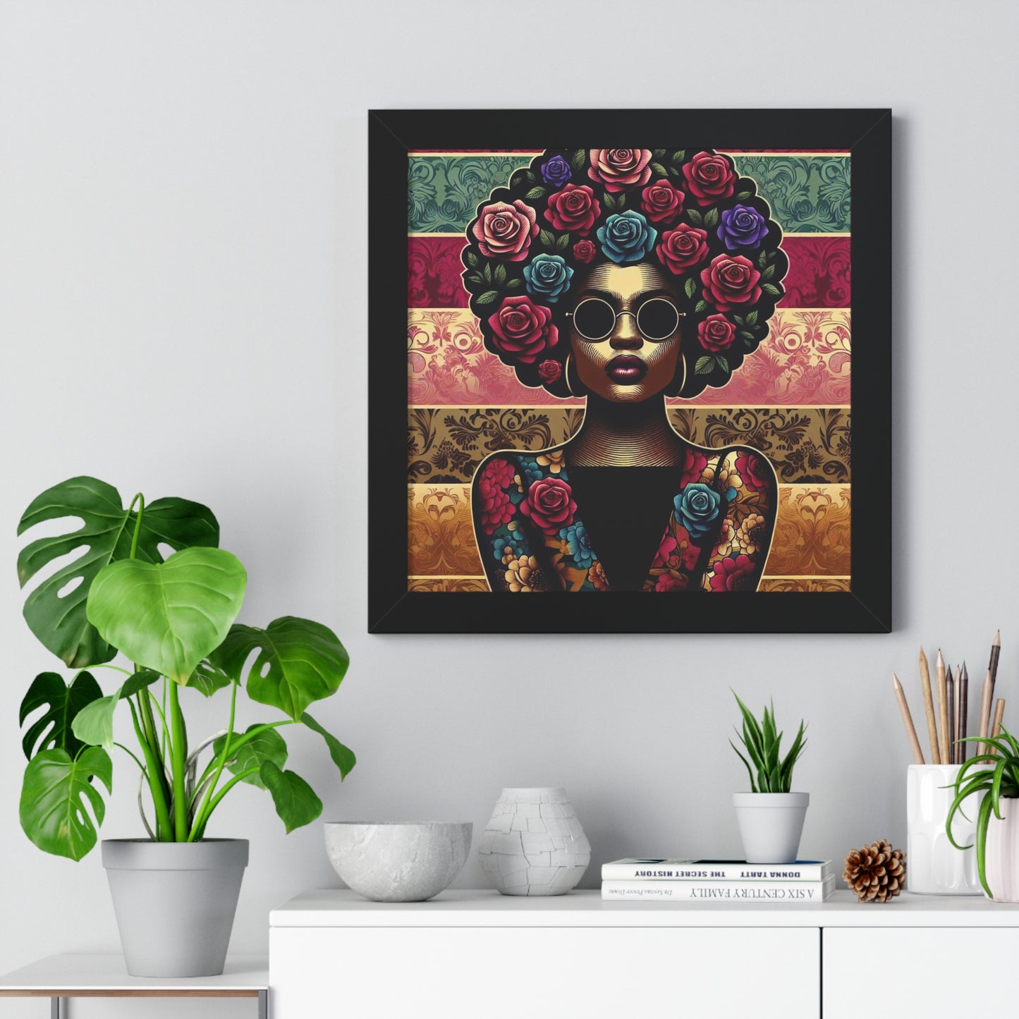 Vertical Poster Lady In Damask & Roses Wall Art