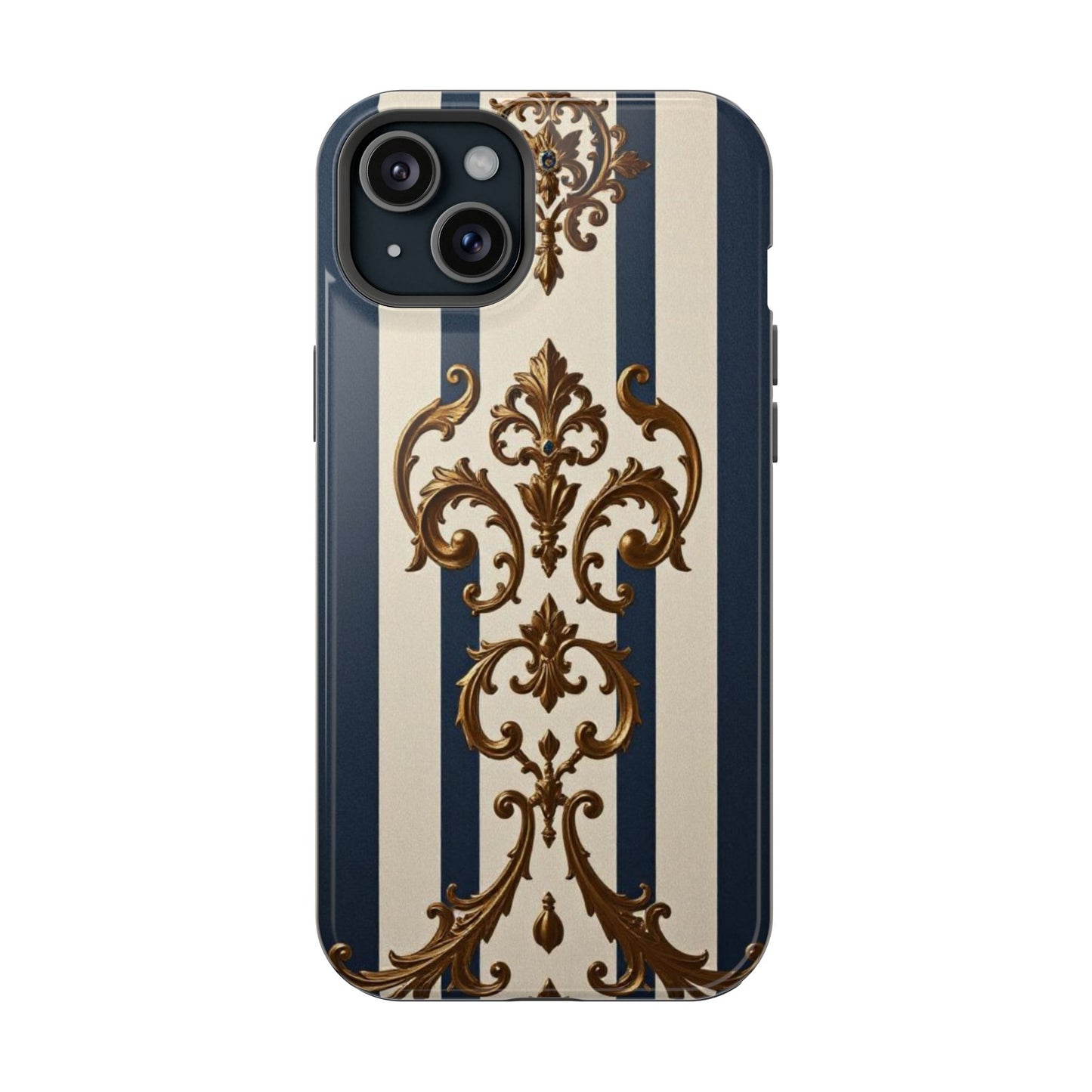 Elegant Striped Magnetic Tough Case - Classic Blue and Gold Damask Design