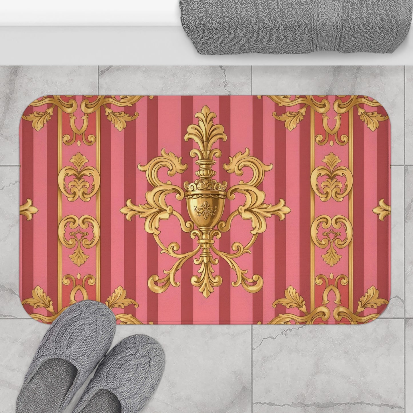 Elegant Pink Gold Bath Mat for Luxurious Home Decor, Bathroom Accessory, Gift for Her, Chic Home Design - Pink Striped Gold Baroque