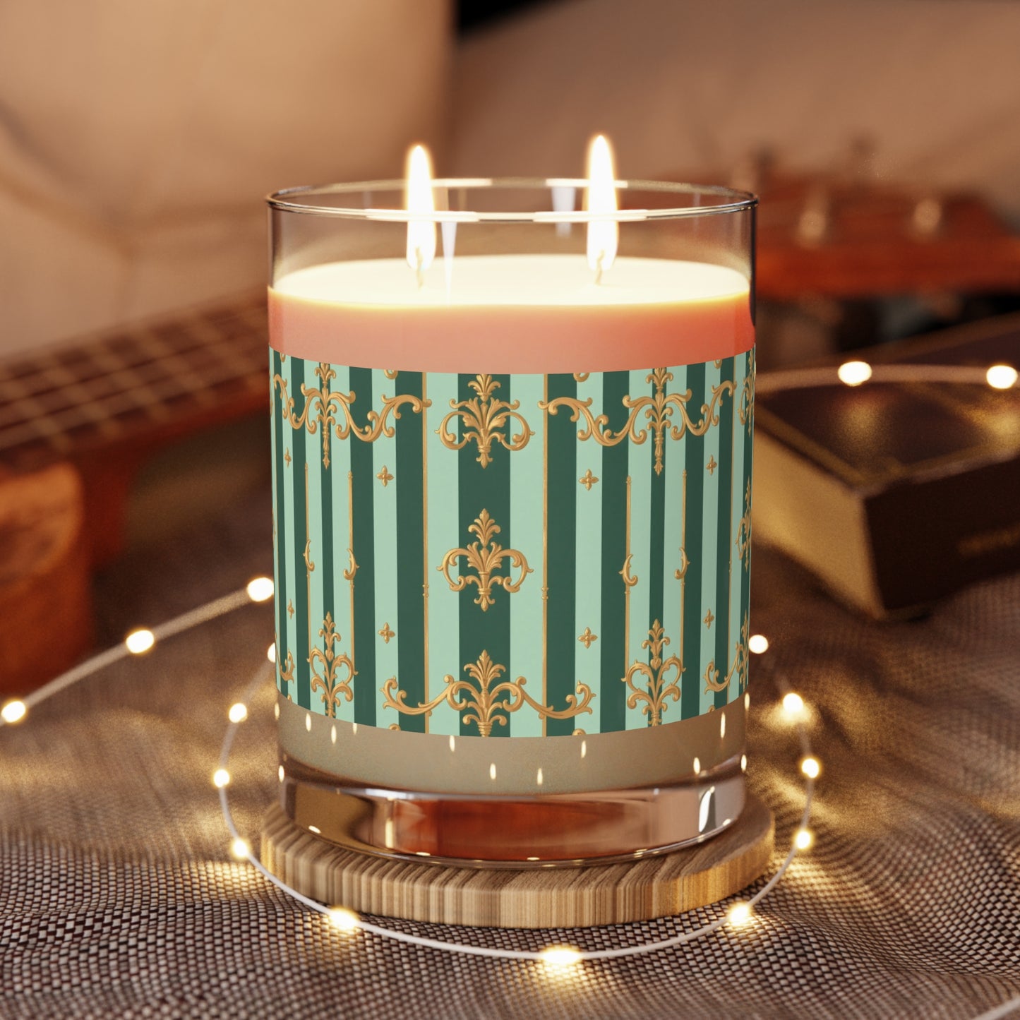 Elegant Floral Scented Candle | 11oz Full Glass | Home Decor | Aromatherapy | Gift for Her, Weddings - Mint Green & Teal Striped Gold Baroque
