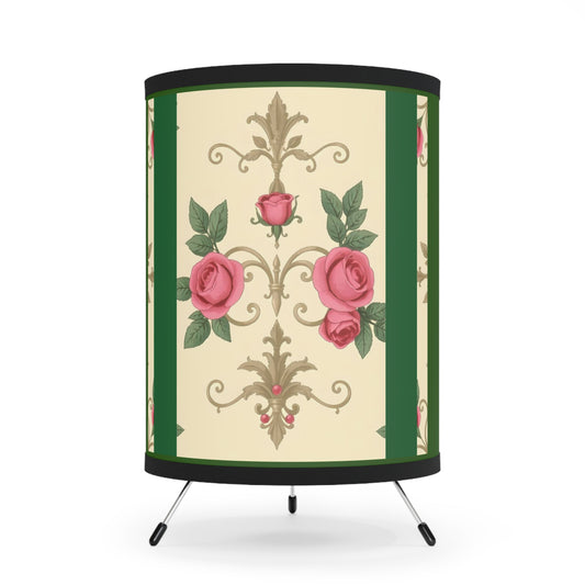 Elegant Tripod Lamp with Vintage Floral Print Shade - High-Res Home Accent - Green Border Roses & Damask