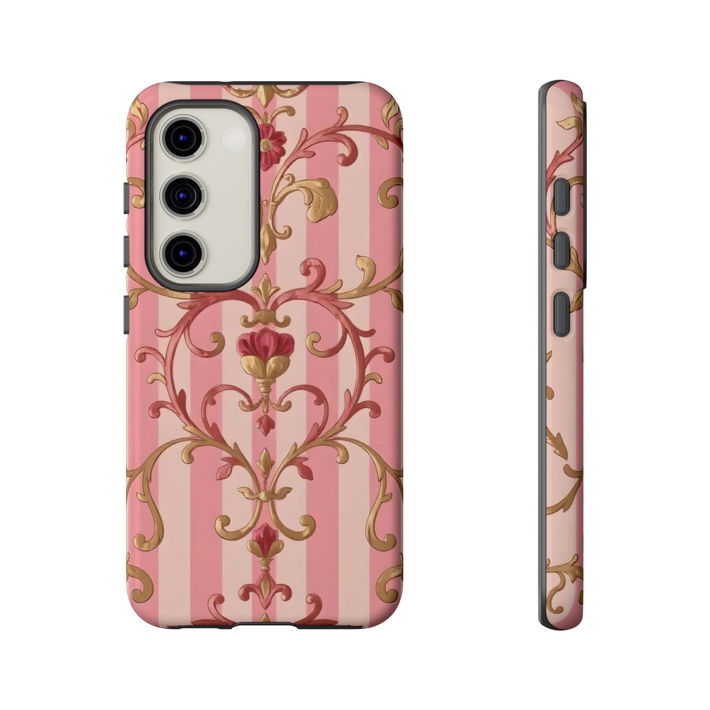 Elegant Floral Motif Phone Case - Tough Cases with Vintage Design - Pink Striped Rose Gold Damask