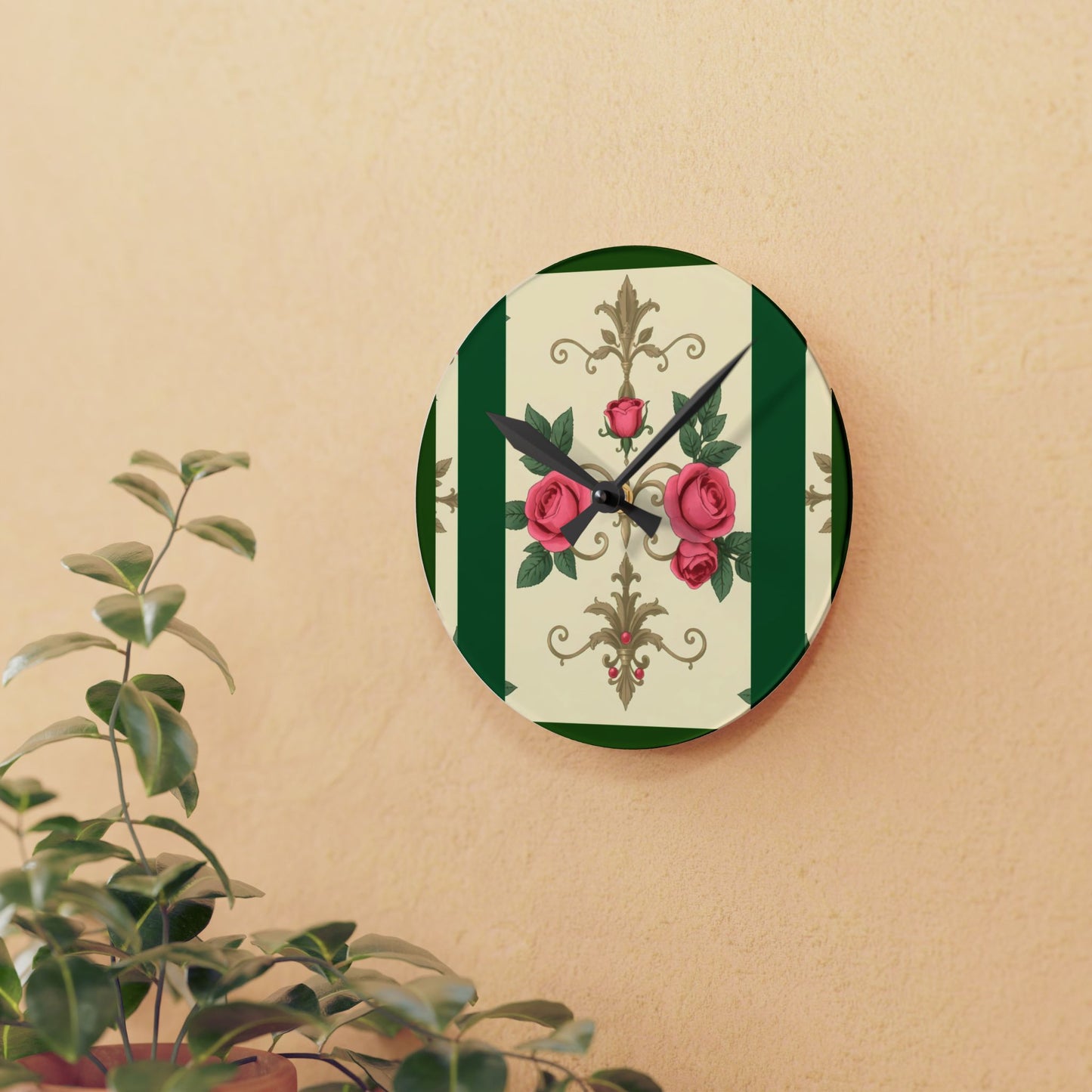 Bohemian Damask-Inspired Acrylic Wall Clock with Floral Design - Green Border Roses & Damask