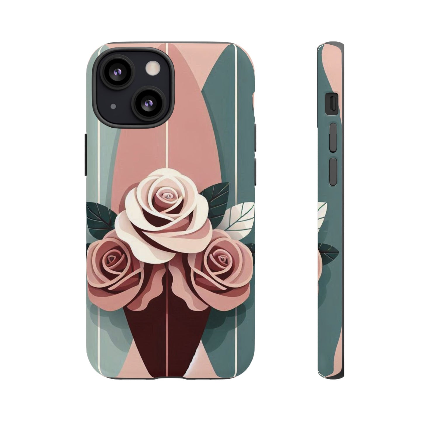 Phone Case - Burgundy, Matte Mauve & Teal Surfboard & Roses Design