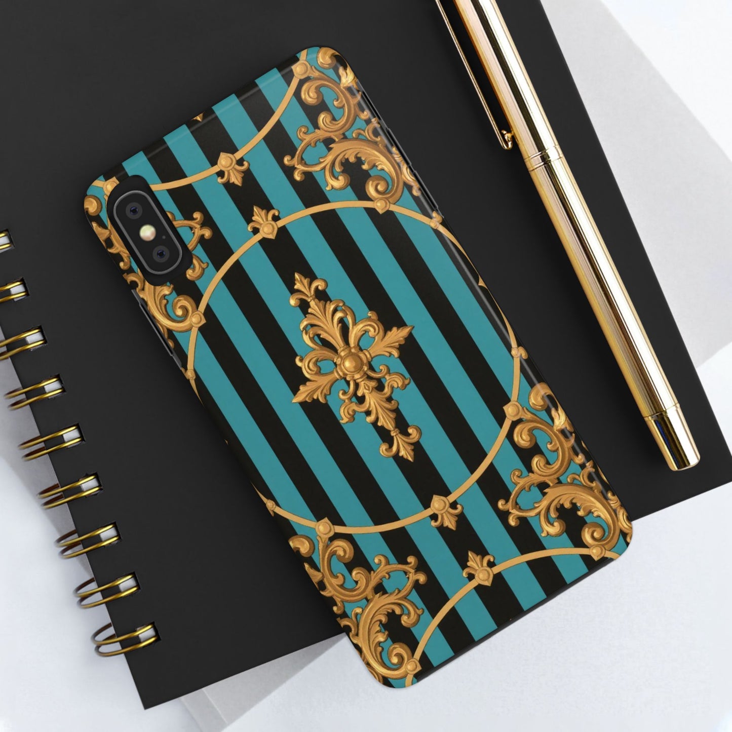 Elegant Turquoise & Black Striped Gold Baroque Phone Case, Tough Phone Cases for Fashion Lovers, Gift for Her, Luxury Accessories