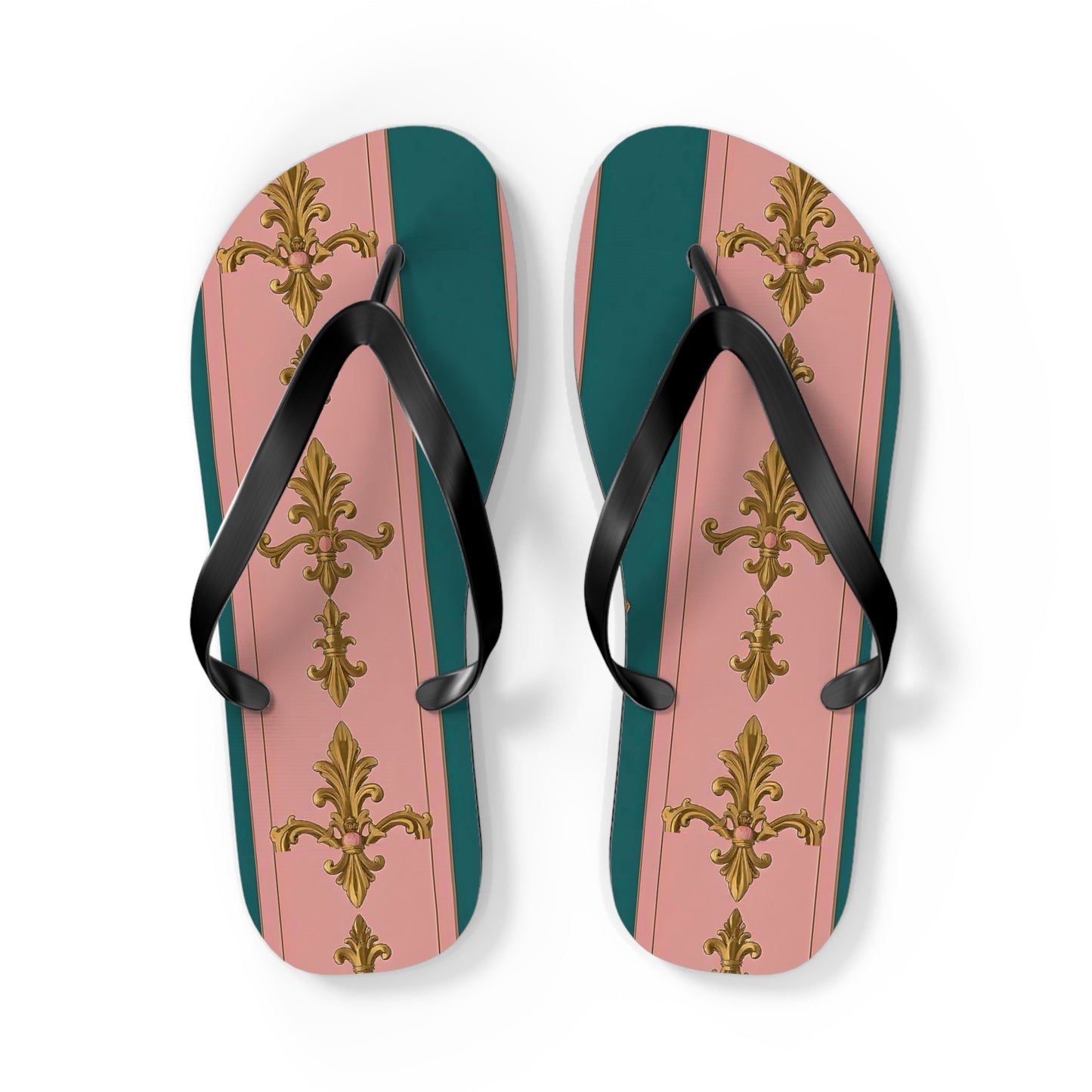 Chic Floral Flip Flops, Summer Sandals, Beach Footwear, Vacation Slides, Stylish Summer Accessories - Pink & Teal Striped Gold Baroque