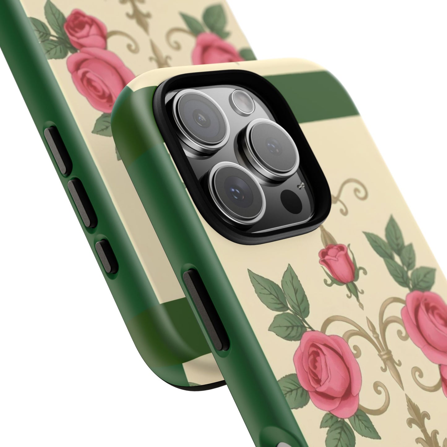 Elegant Floral Motif Phone Case - Tough Cases with Vintage Design - Green Border Roses & Damask
