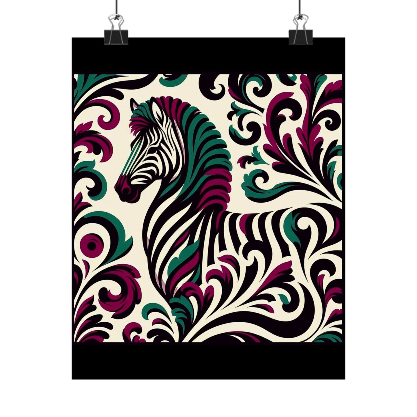 Floral Art Poster - Elegant Matte Vertical Wall Decor - Burgundy & Green Zebra Damask Design