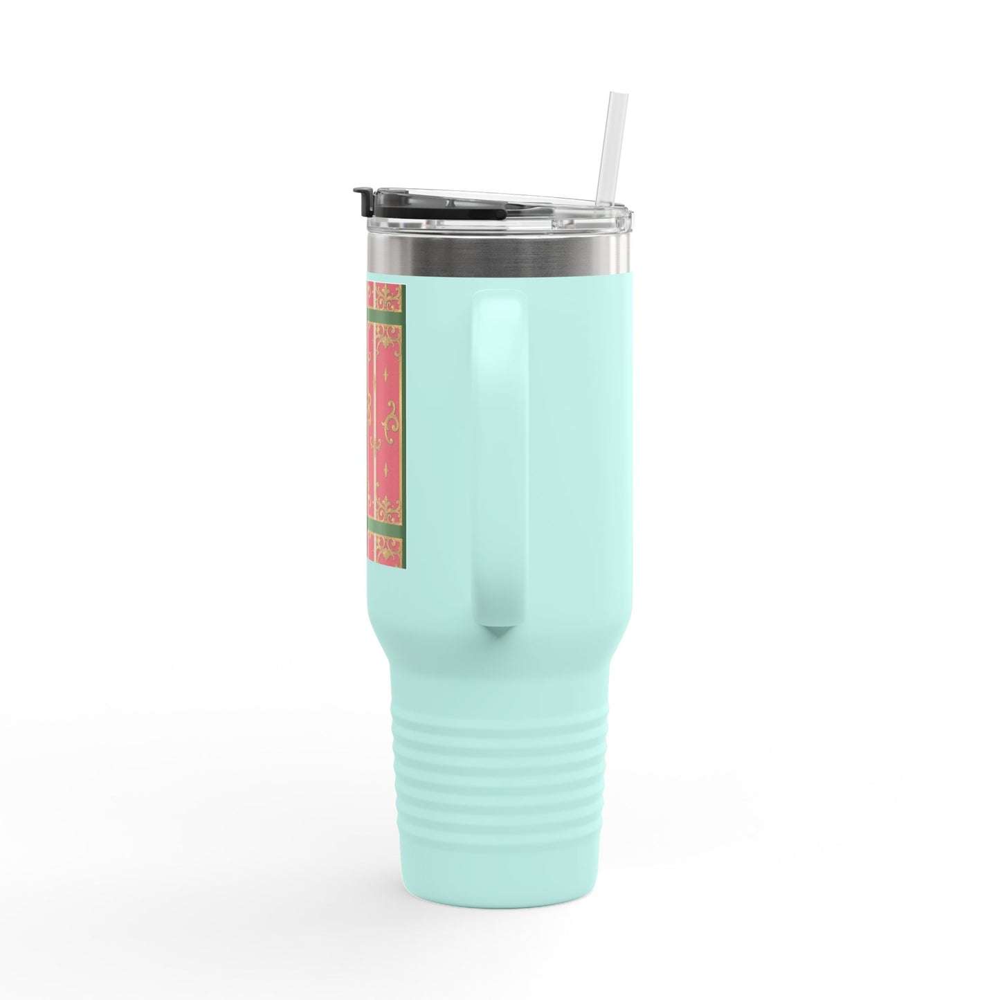 Elegant Insulated Green Border Pink Striped Baroque Travel Mug, 40oz with Baroque Design - Perfect for Gifting, Coffee, Tea, Gift for Her