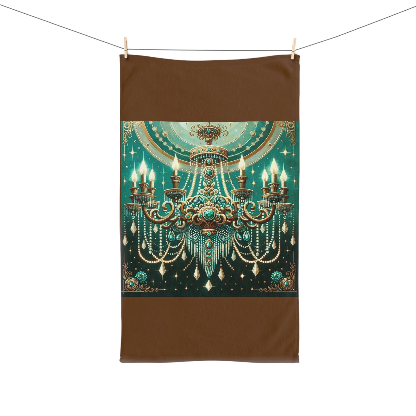 Chandelier Design Hand Towel, Elegant Kitchen Decor, Home & Living Gift, Artistic Bath Towel - Green & Gold Jeweled Chandelier