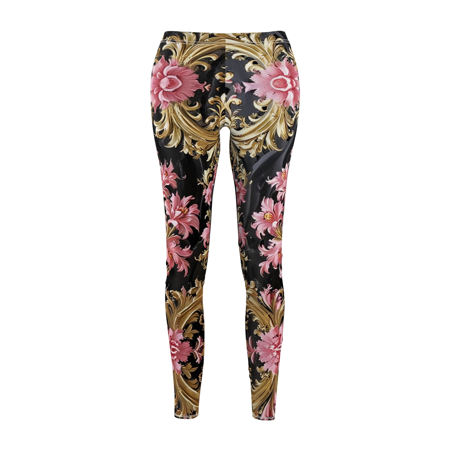 Floral Elegance Leggings - Stylish Printed Activewear, Casual Yoga Pants, Running Tights, Gift for Her - Black & Pink Oil Painting Style Rococo