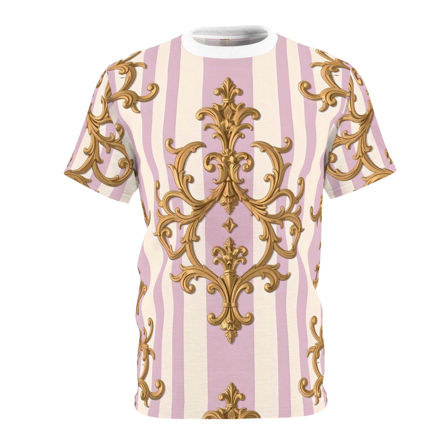 Elegant Patterned Unisex Tee, Chic Graphic T-Shirt, Statement Clothing, Fashion Top - Lilac & Alabaster Striped Gold Baroque