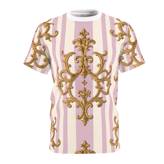 Elegant Patterned Unisex Tee, Chic Graphic T-Shirt, Statement Clothing, Fashion Top - Lilac & Alabaster Striped Gold Baroque