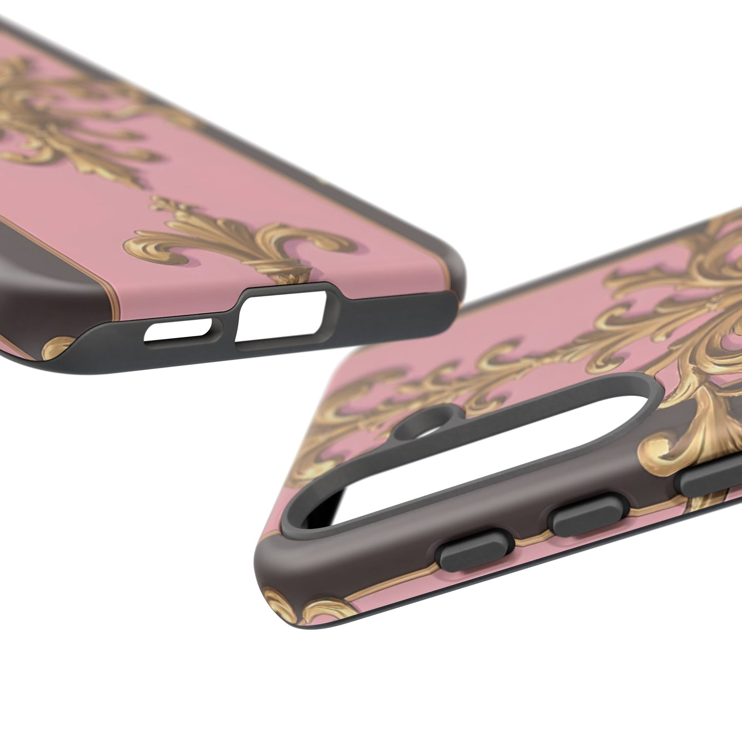 Elegant Floral Motif Phone Case - Tough Cases with Vintage Design - Pink & Brown Striped Gold Damask