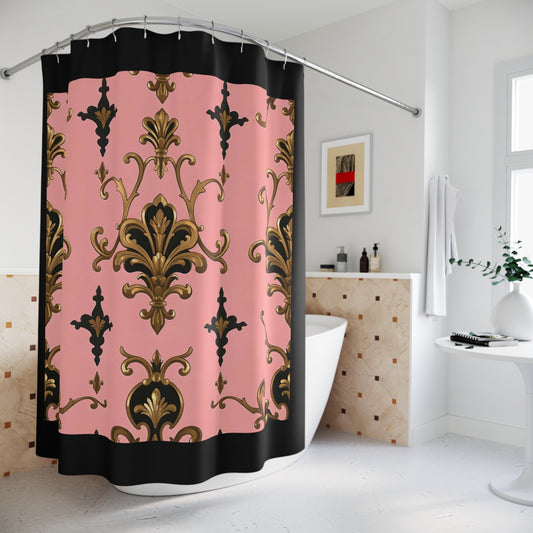 Elegant Baroque Pattern Shower Curtain, Luxurious Bathroom Decor, Vintage Style - Pink, Black & Gold Rococo