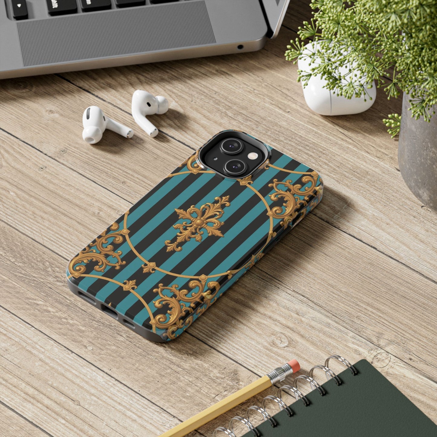 Elegant Turquoise & Black Striped Gold Baroque Phone Case, Tough Phone Cases for Fashion Lovers, Gift for Her, Luxury Accessories