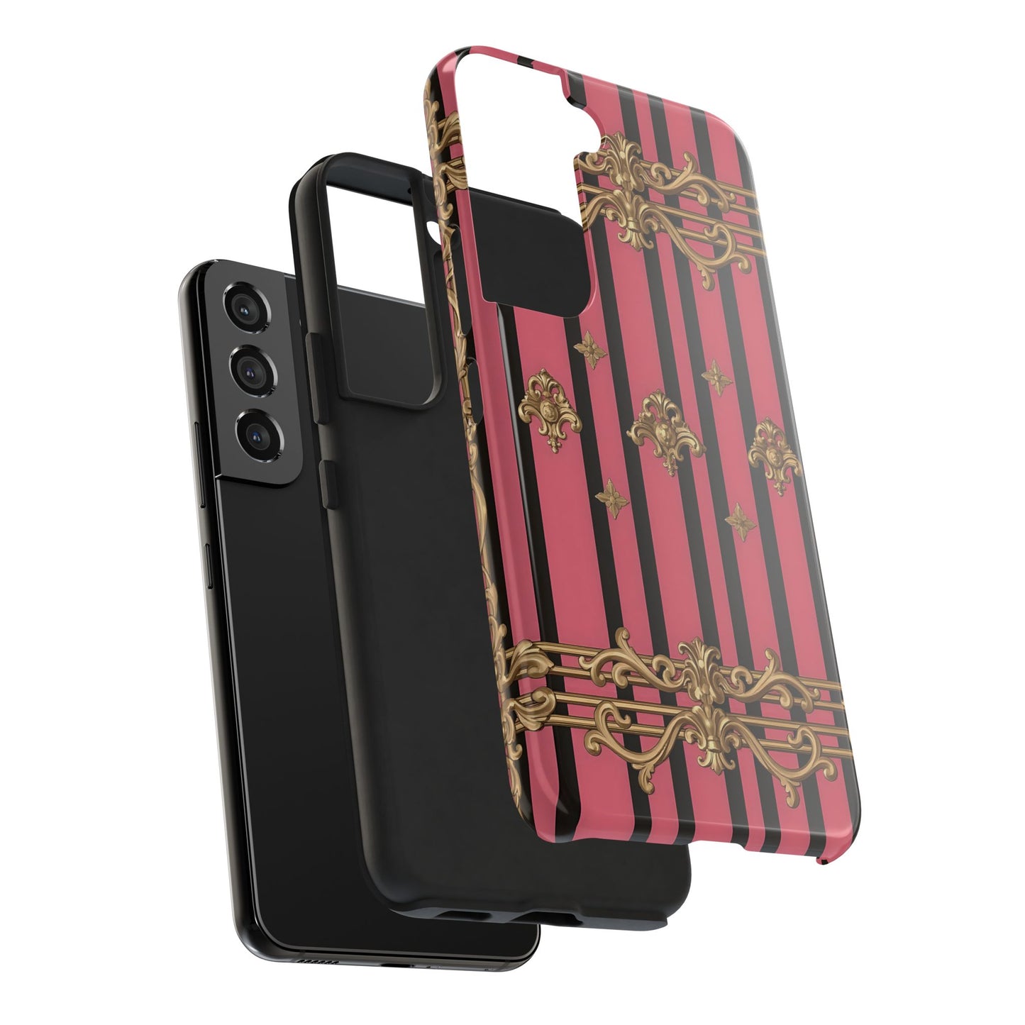 Elegant Floral Phone Cases, Stylish Protective Case for Trendy Individuals, Unique Gift for Tech Lovers, Phone Accessories - Pink Striped Gold Rococo