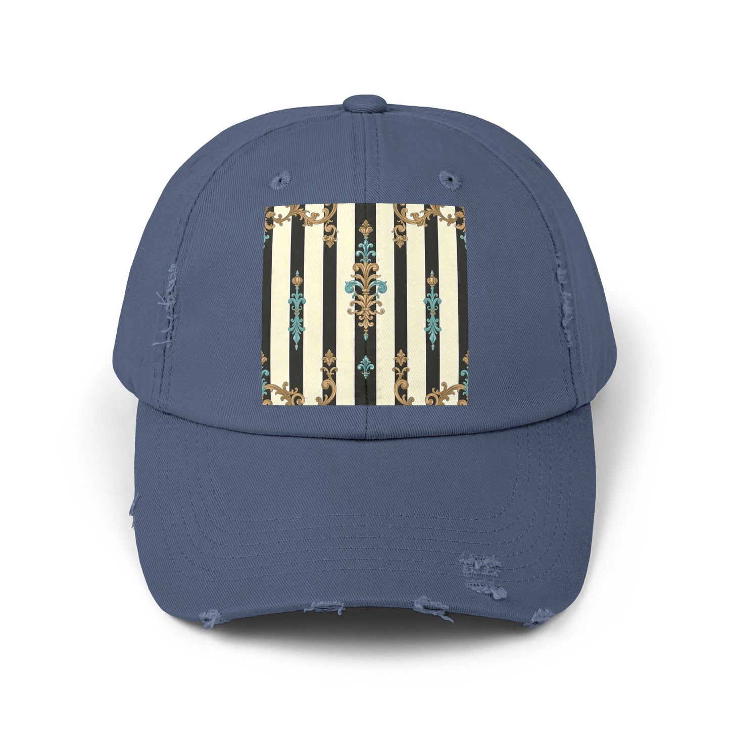 Trendy Distressed Cap for Fashion Lovers, Casual Cap, Gift for Him, Gift for Her - Black Striped Turquoise & Black Rococo