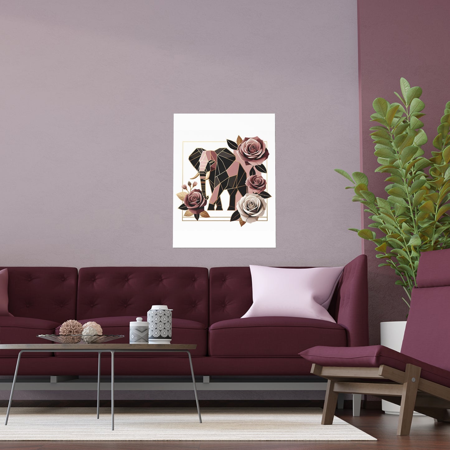 Elegant Floral Silk Poster - Indoor/Outdoor Wall Art for Home Decor - Brown & Mauve Elephant & Roses