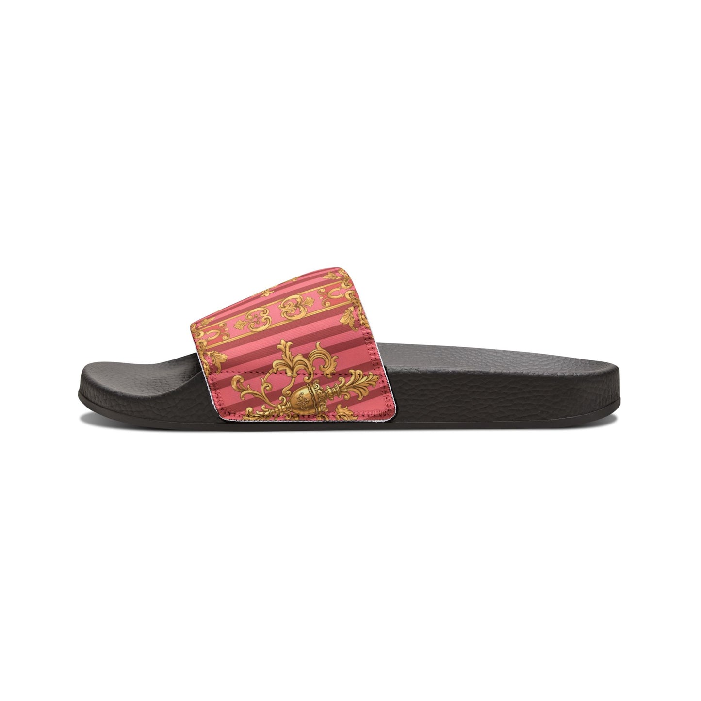 Chic Women's Removable-Strap Slides, Trendy Summer Footwear, Vacation Must-Have, Beach Sandals - Pink Striped Gold Baroque