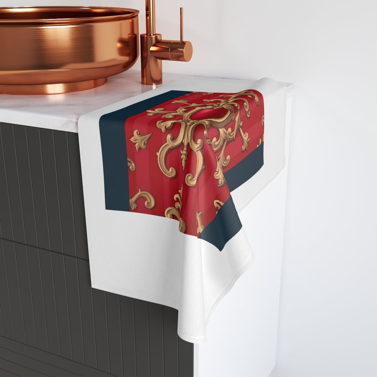 Elegant Decorative Hand Towel - Luxurious Home Accessory for Weddings, Holidays, Kitchen, Bathroom, Gift for Her - Blue, Red & White Striped Baroque