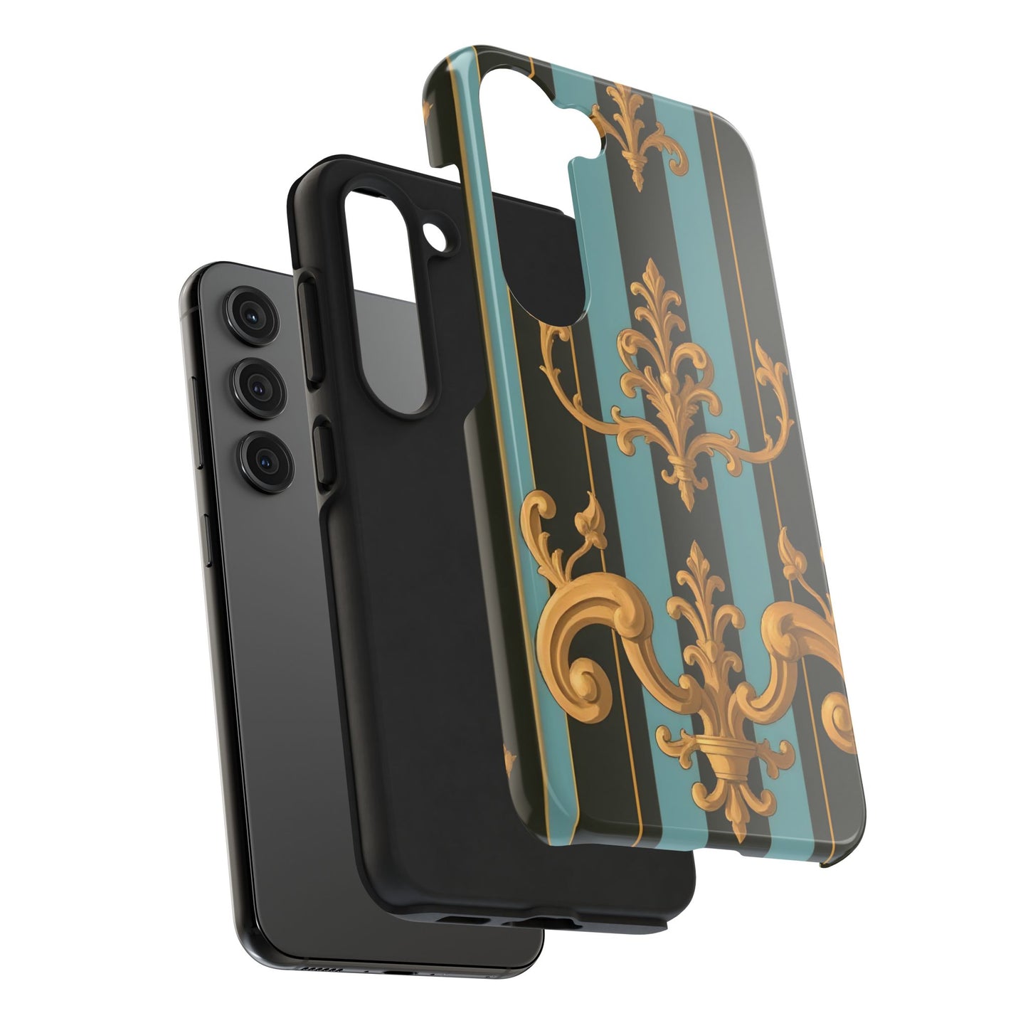 Elegant Baroque Tough Phone Case, Stylish Phone Cover, Durable iPhone Case, Unique Gift - Black & Turquoise Striped Baroque