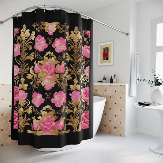 Elegant Vintage Floral Shower Curtain - Luxurious Home Décor for Classy Bathrooms - Pink & Gold Roses