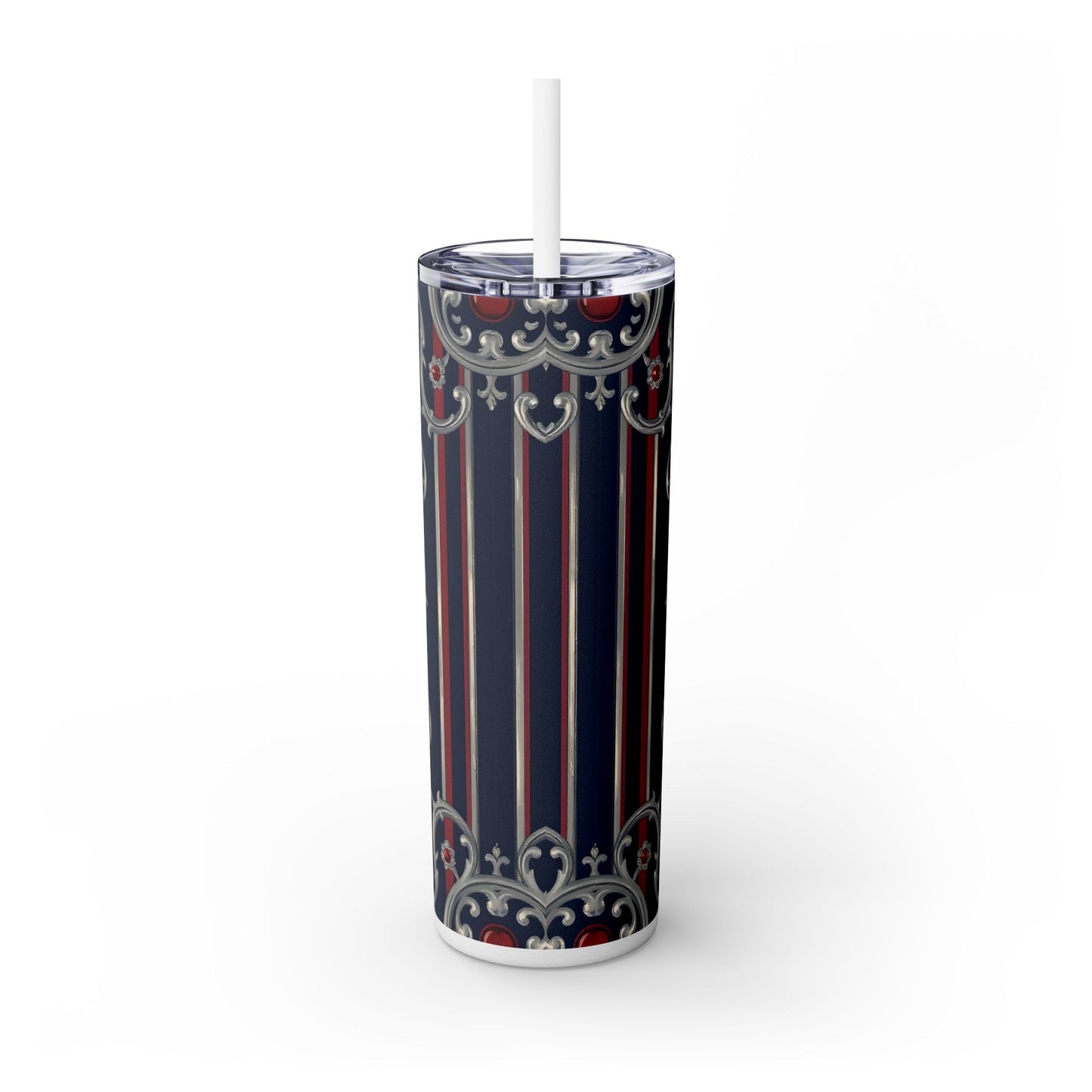 Elegant Patterned Skinny Tumbler with Straw, 20oz - Stylish Travel Mug, Personalized Gift, Wedding Favor - Blue & Red Striped Silver Baroque