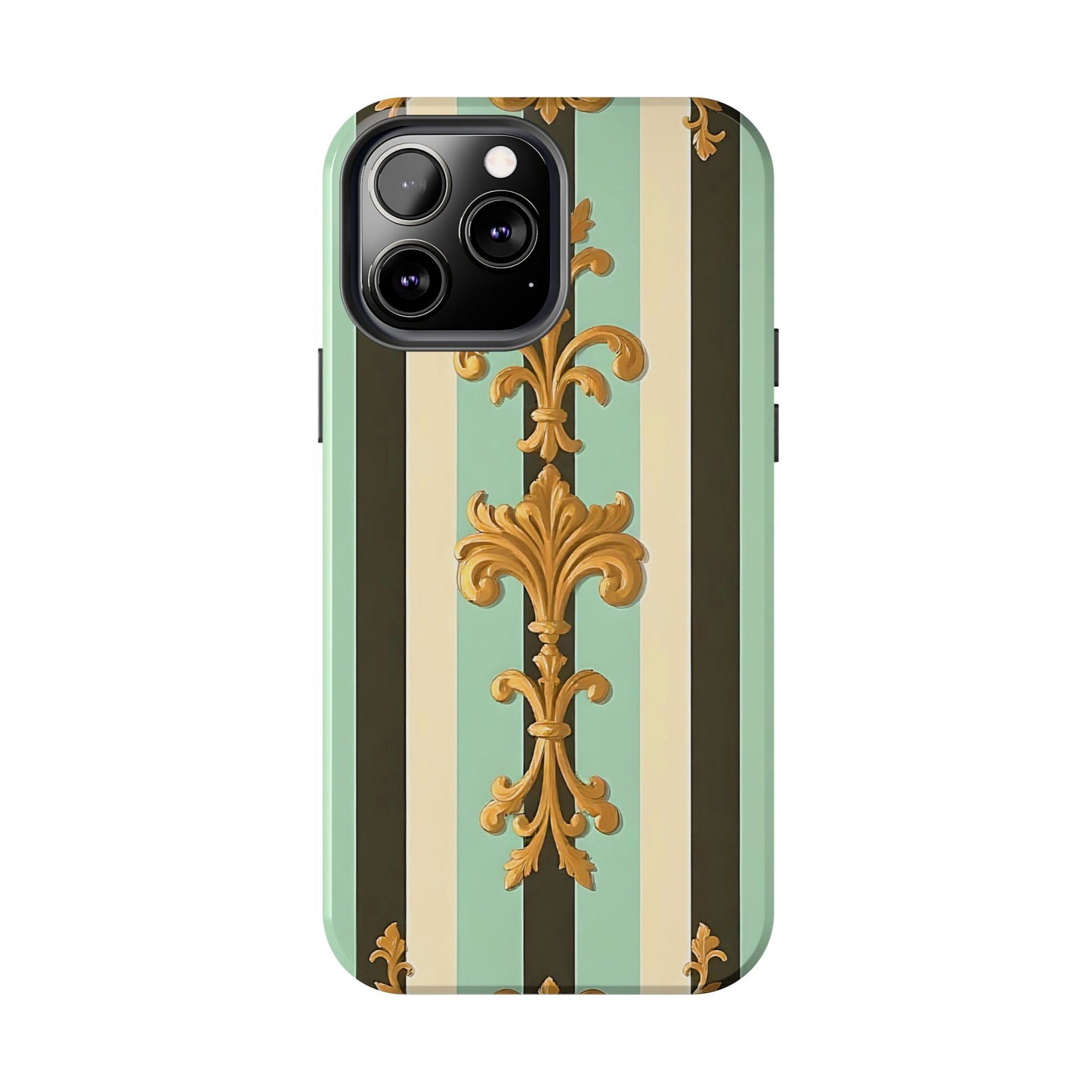Elegant Floral Tough Phone Cases - Stylish Protection for All Occasions, Gifts for Her, Phone Covers - Black & Matte Mint Striped Rococo