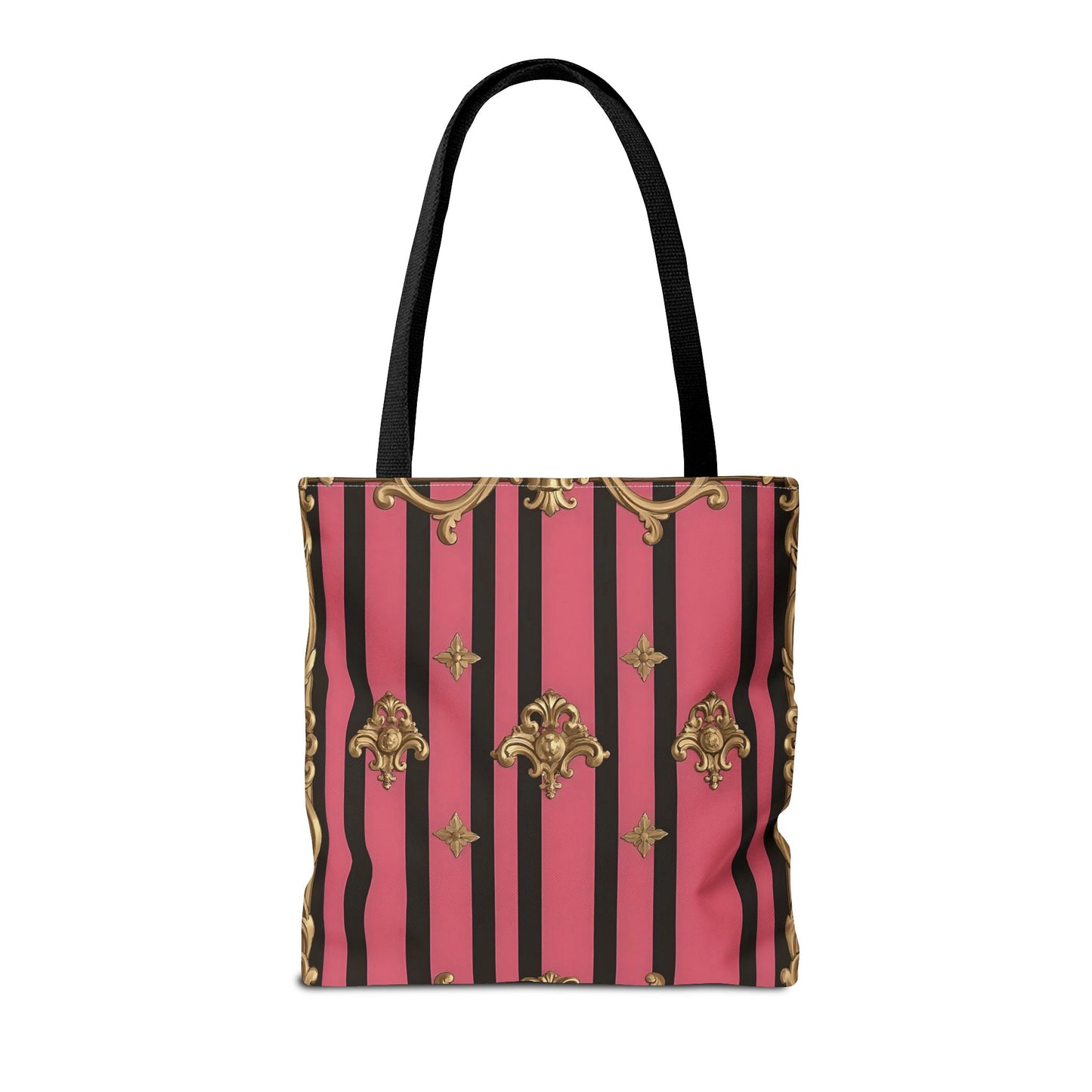 Chic Floral Tote Bag - Elegant Reusable Shopping Bag, Fashion Accessory, Gift for Her, Everyday Use, Eco-Friendly - Pink Striped Gold Rococo